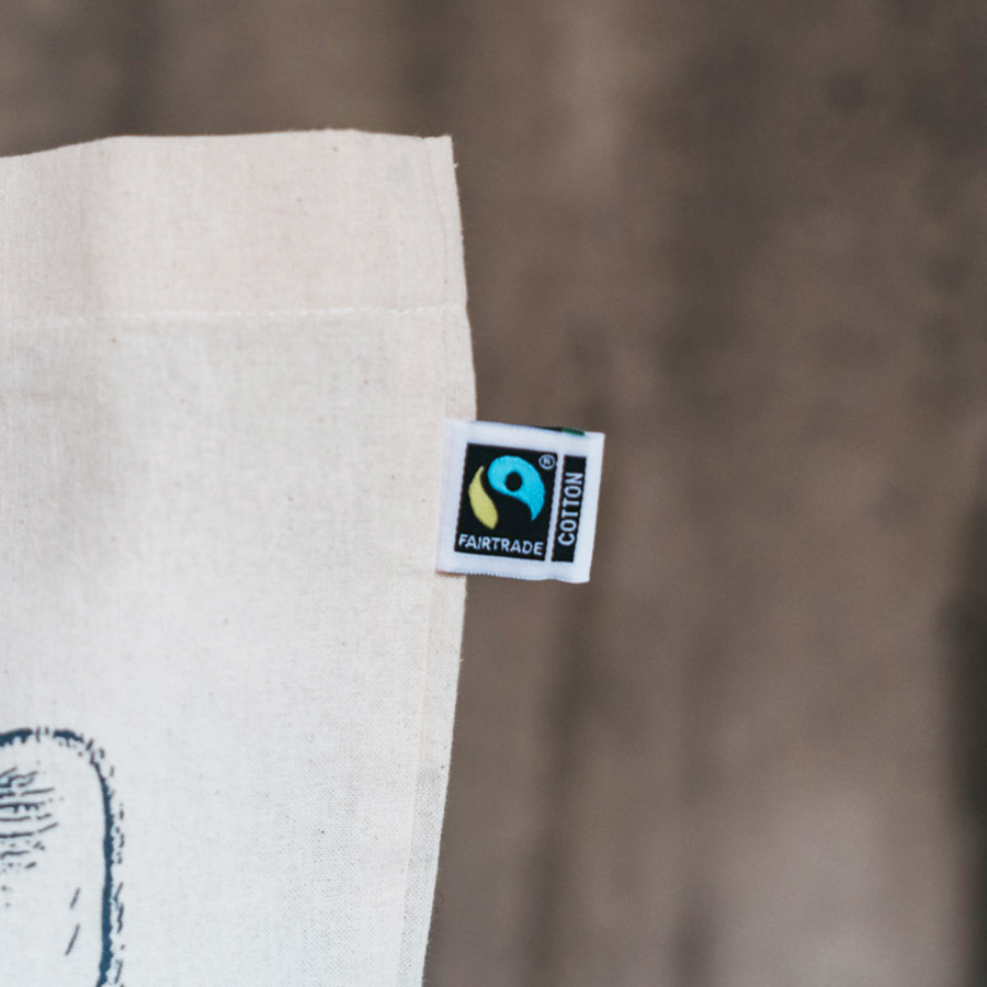 Voshövel Jutebeutel mit blauem Print Nahaufnahme Etikett